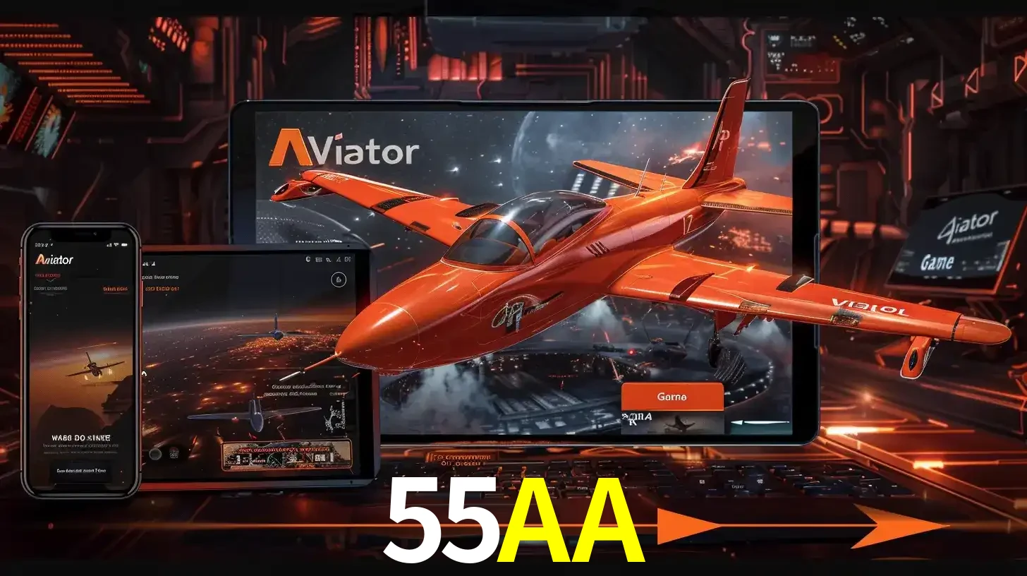 Apresentação tecnológica do jogo Aviator com um avião saindo da tela de um tablet, demonstrando a experiência imersiva em múltiplos dispositivos no 55AA.