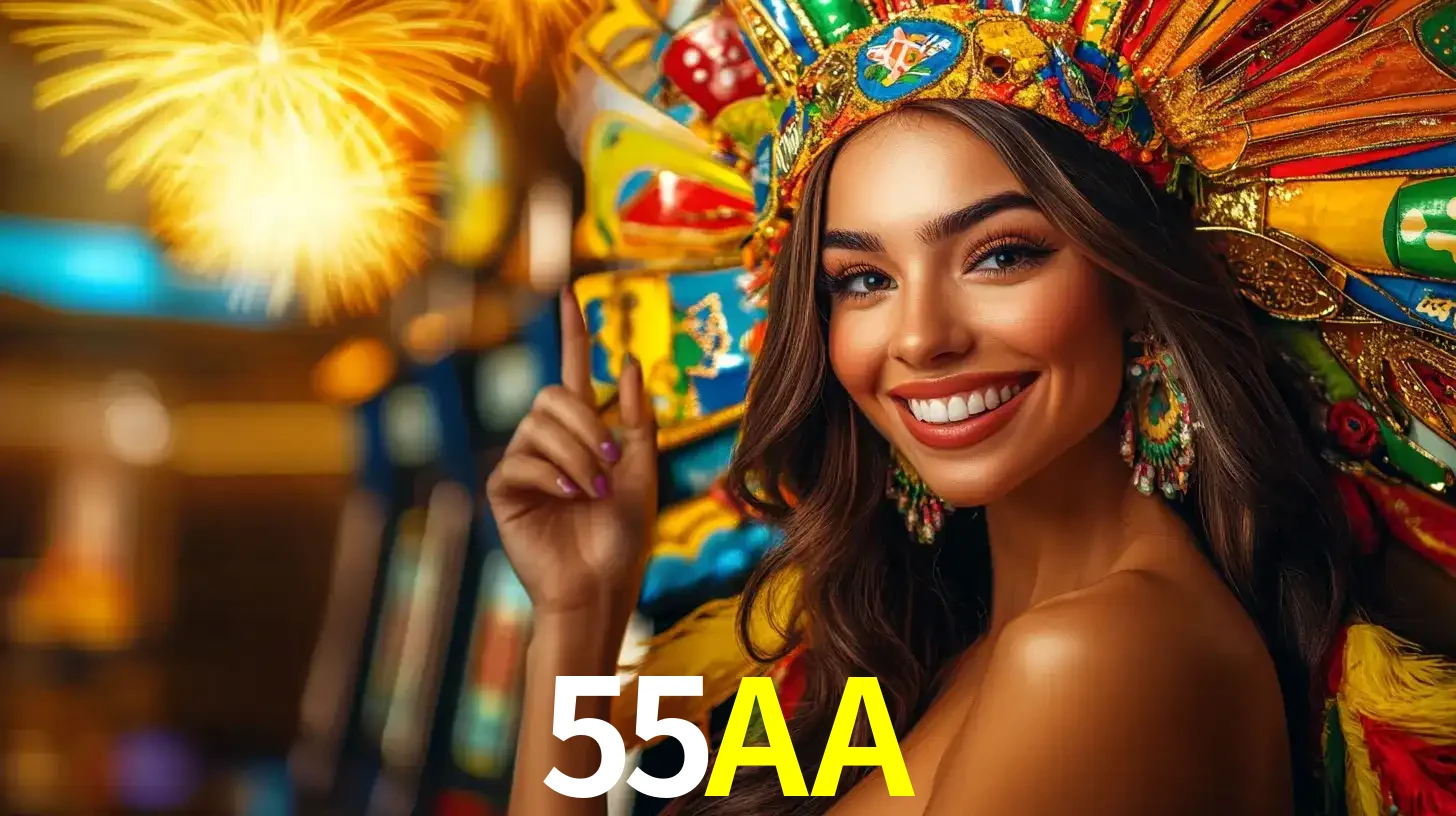 Mulher sorridente com um cocar de carnaval vibrante e colorido, celebrando uma grande vitória nos jogos do cassino 55AA com fogos de artifício ao fundo.
