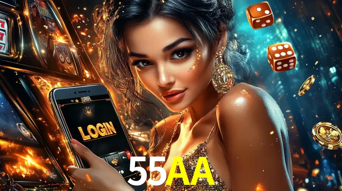 Mulher glamourosa segurando um celular com a tela de login do cassino 55AA, rodeada por dados e moedas douradas, pronta para começar a diversão.