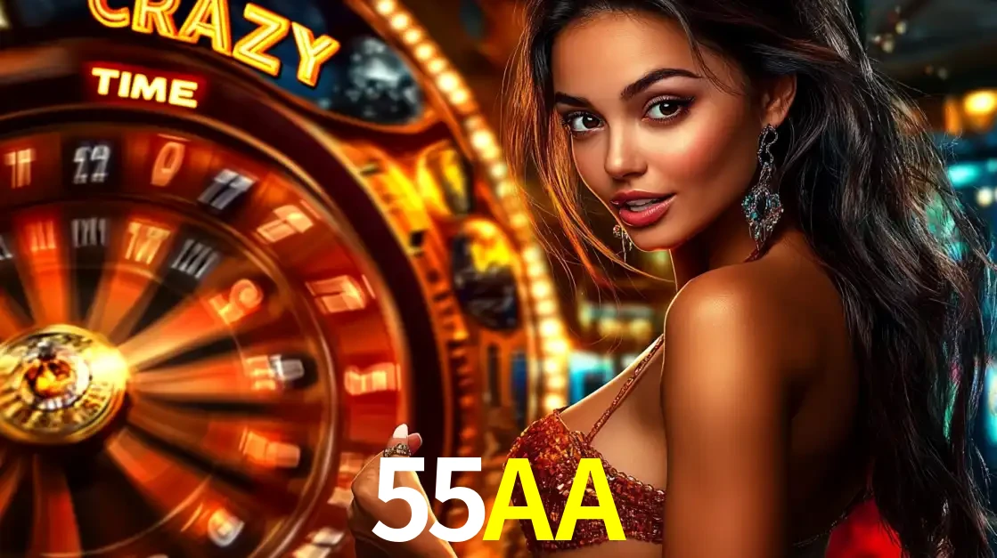 Mulher ao lado da roda de prêmios do jogo de cassino ao vivo Crazy Time, um dos shows de jogos mais emocionantes oferecidos pela plataforma de apostas 55AA.