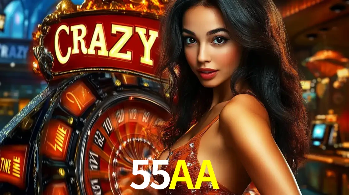 Mulher glamourosa olhando para a câmera com a roda vermelha do Crazy Time ao fundo em um ambiente de cassino, destacando a emoção dos jogos ao vivo no 55AA.