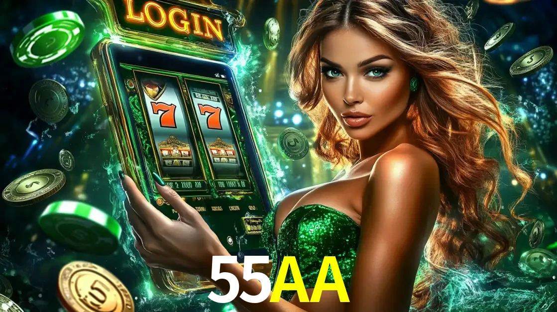 Mulher com tema verde apresentando o aplicativo do cassino 55AA com um jogo de slot de 777, cercada por fichas de cassino e uma aura de sorte.
