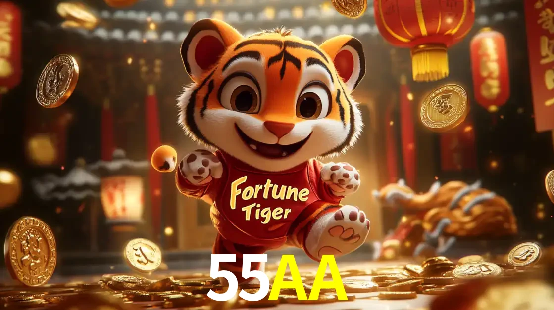 O alegre personagem do Fortune Tiger correndo sobre um caminho de moedas de ouro, simbolizando os grandes prêmios e a diversão do popular jogo de slot do 55AA.