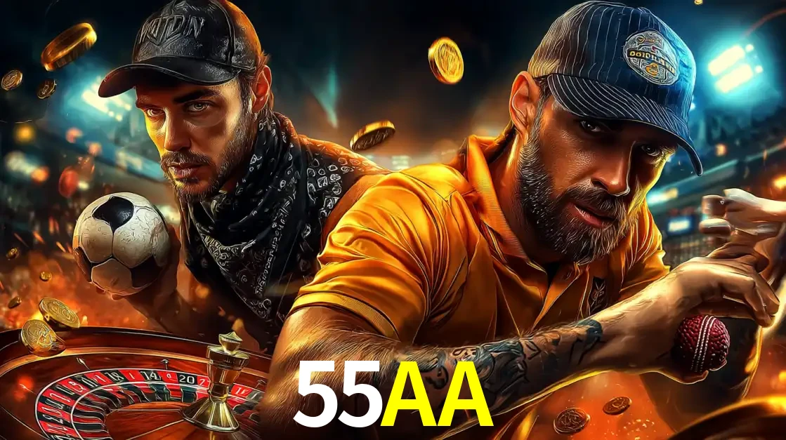 Montagem de apostas esportivas e cassino no 55AA, com um homem segurando uma bola de futebol e outro uma de beisebol sobre uma roleta e moedas voadoras.