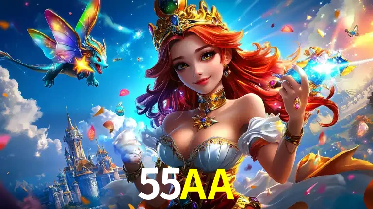 A princesa de um reino de fantasia mágico, com seu pequeno dragão, apresentando um mundo de prêmios encantados nos jogos de caça-níqueis do cassino 55AA.