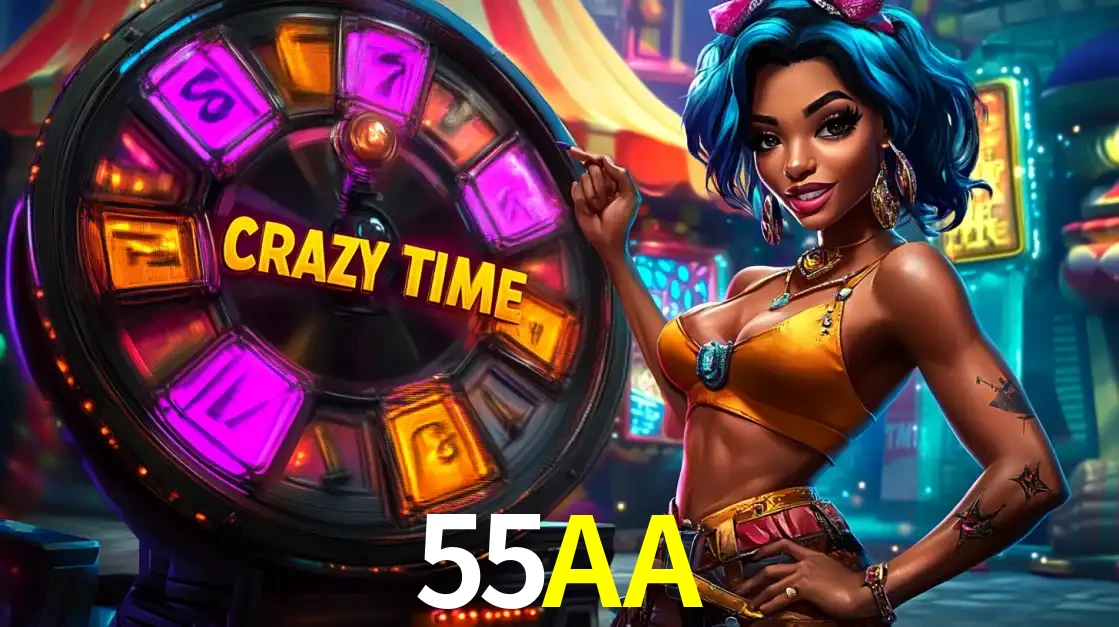 Mulher estilizada com cabelo azul e visual vibrante posando ao lado da roda de prêmios do game show Crazy Time, convidando para a diversão e os bônus do cassino 55AA.