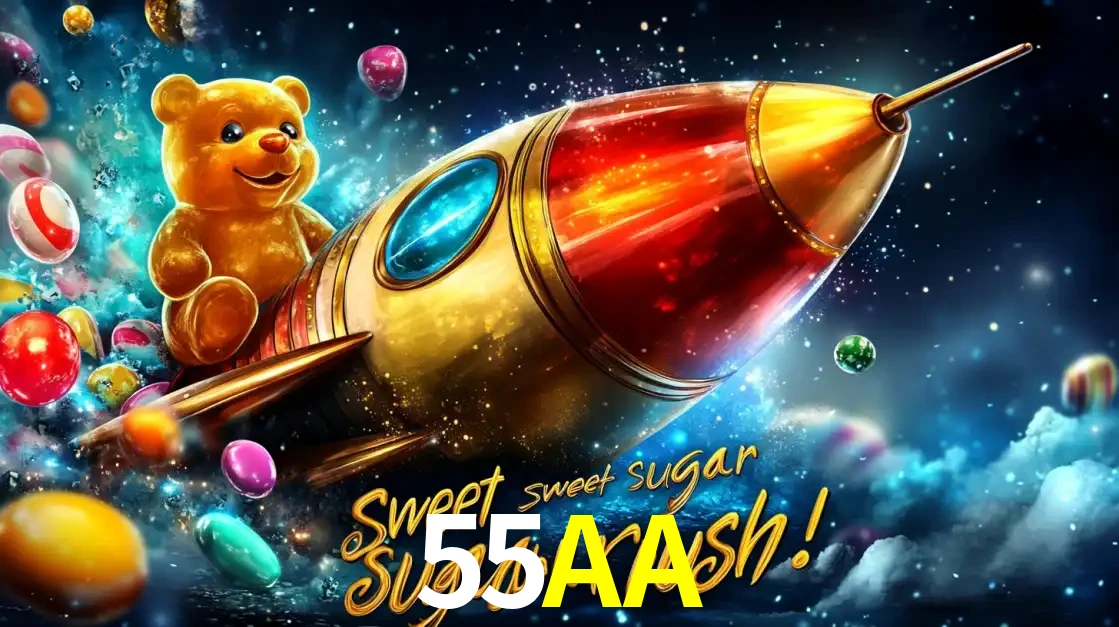 Arte promocional do jogo de slot Sugar Rush, com um urso de pelúcia em um foguete viajando pelo espaço de doces, um dos jogos divertidos disponíveis no cassino 55AA.