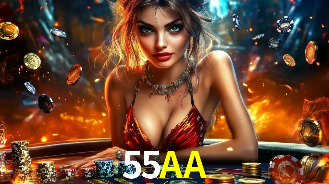 Mulher em uma mesa de cassino com pilhas de fichas e um fundo de fogo, pronta para uma rodada de altas apostas nos jogos de mesa emocionantes do cassino 55AA.