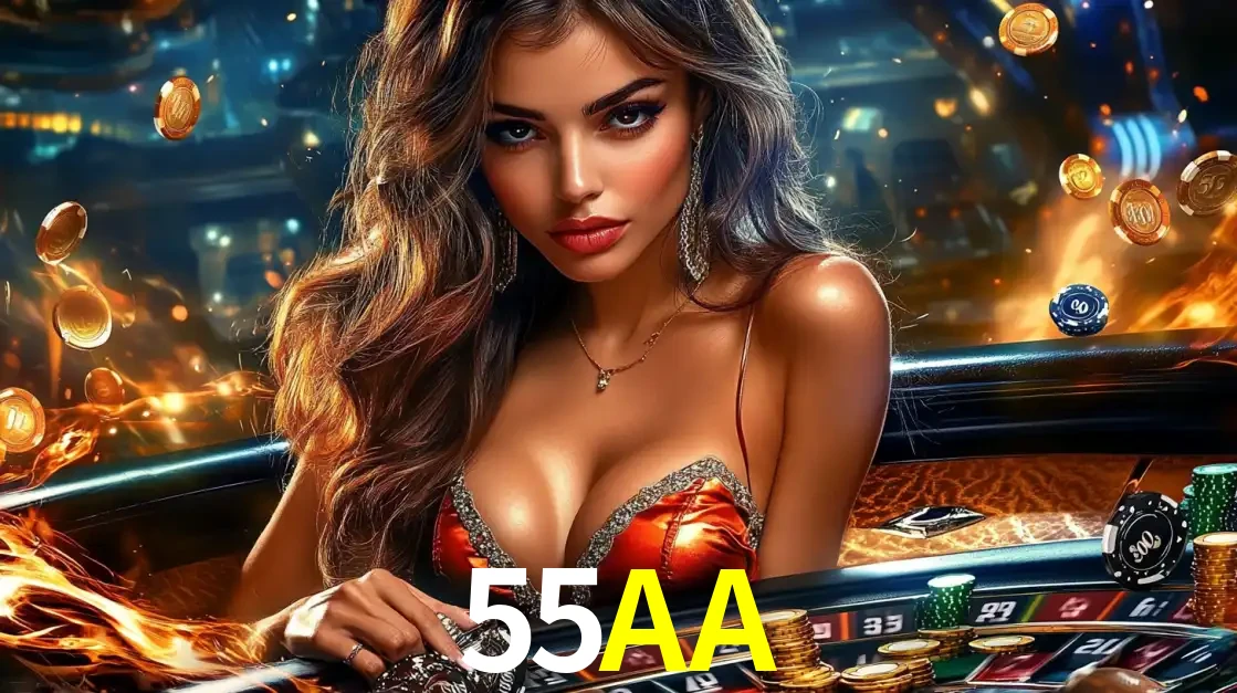 Mulher glamourosa em uma mesa de roleta com um fundo de chamas e moedas voadoras, pronta para fazer sua aposta e ganhar grandes prêmios no cassino ao vivo 55AA.