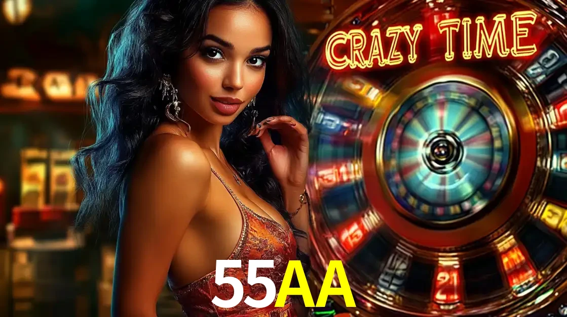 Mulher elegante ao lado da vibrante roda da fortuna do jogo de cassino ao vivo Crazy Time, um dos game shows mais populares e cheios de prêmios do 55AA.