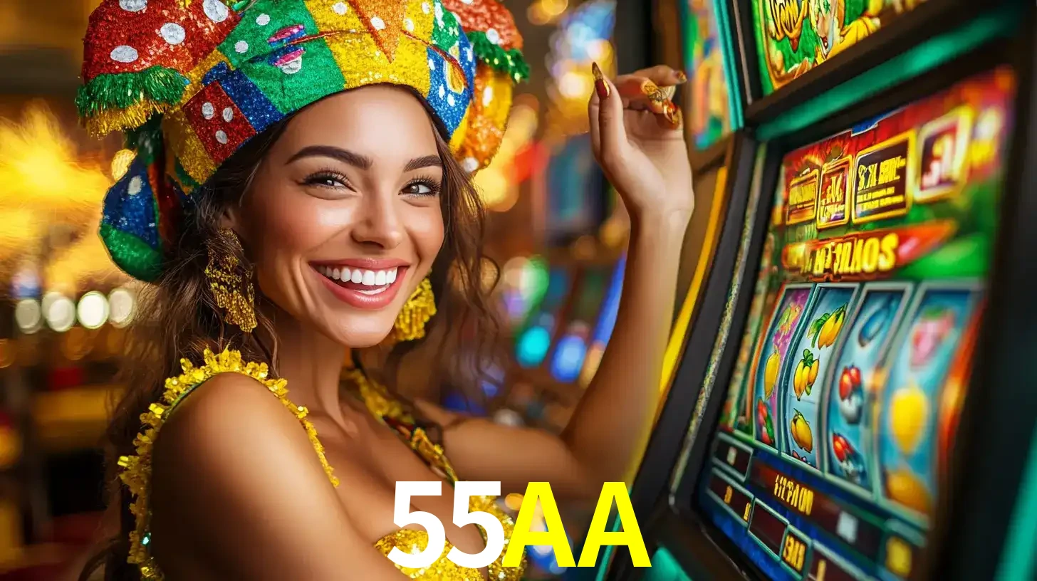 Mulher feliz com traje de carnaval amarelo e colorido ao lado de uma máquina de caça-níqueis, aproveitando a diversão e os jogos temáticos do cassino 55AA.