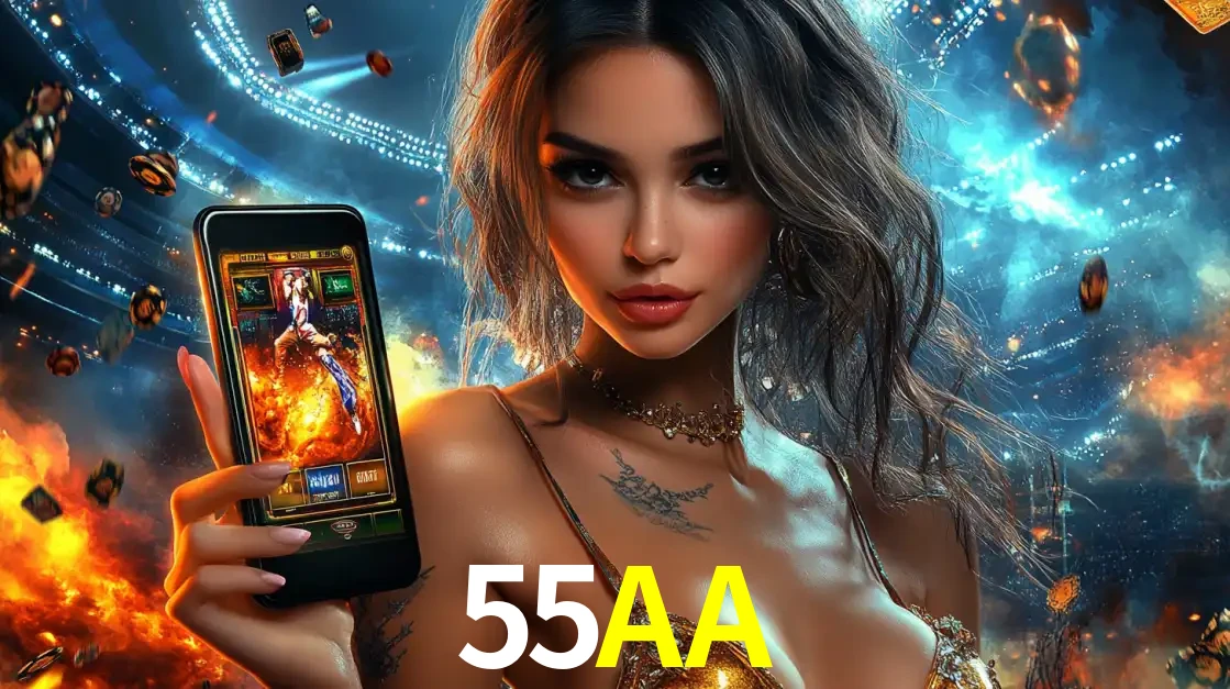 Mulher segurando um celular com um jogo de slot em destaque, tendo como fundo um estádio vibrante, simbolizando a emoção de jogar no cassino móvel 55AA.