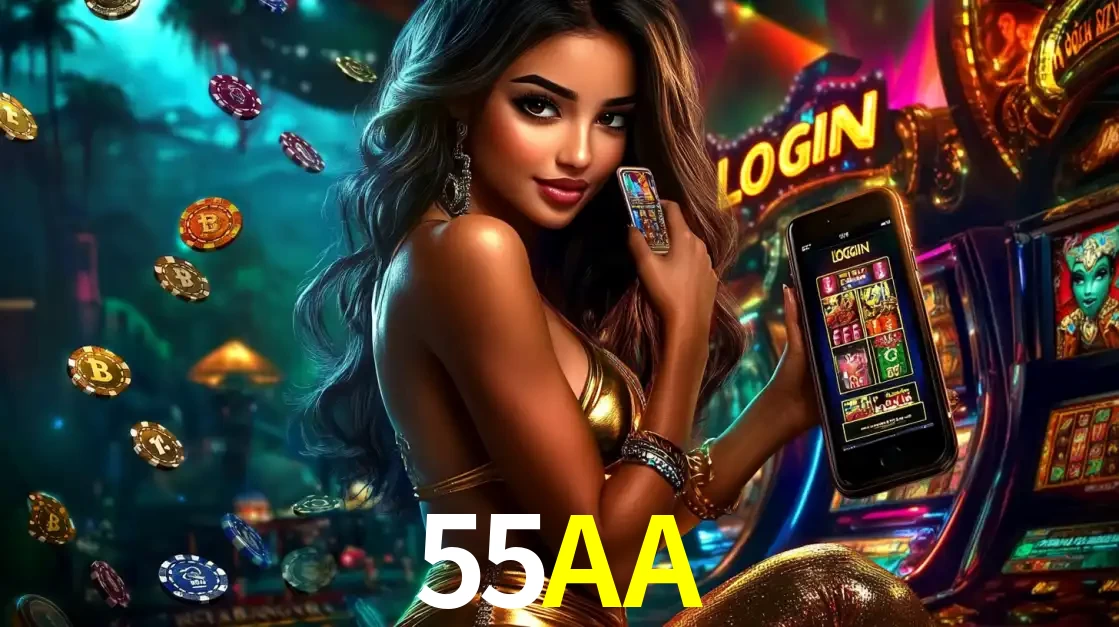 Mulher em um cenário de cassino temático de aventura, mostrando o app de caça-níqueis da 55AA no celular. Fichas de apostas flutuam ao redor.