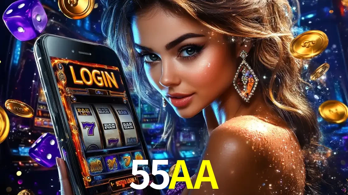 Mulher glamorosa segurando um smartphone com a tela de login para os jogos de caça-níqueis do cassino online 55AA, com moedas de ouro e dados ao redor.