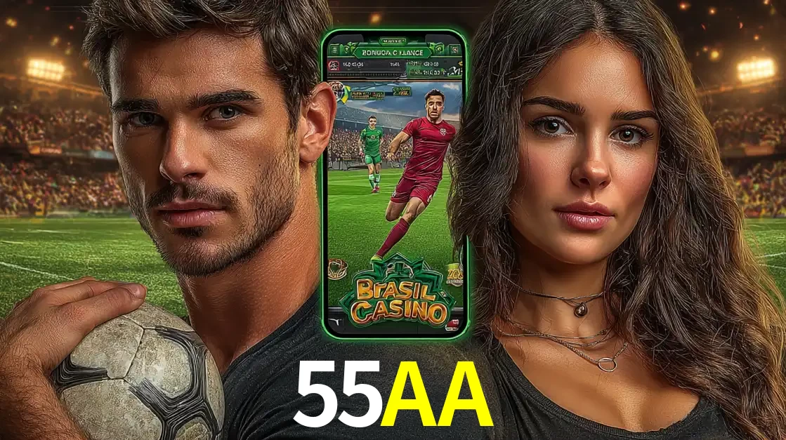 Homem segurando uma bola de futebol e uma mulher ao lado de um smartphone exibindo o jogo de apostas esportivas da 55AA. Faça seu palpite no cassino online.